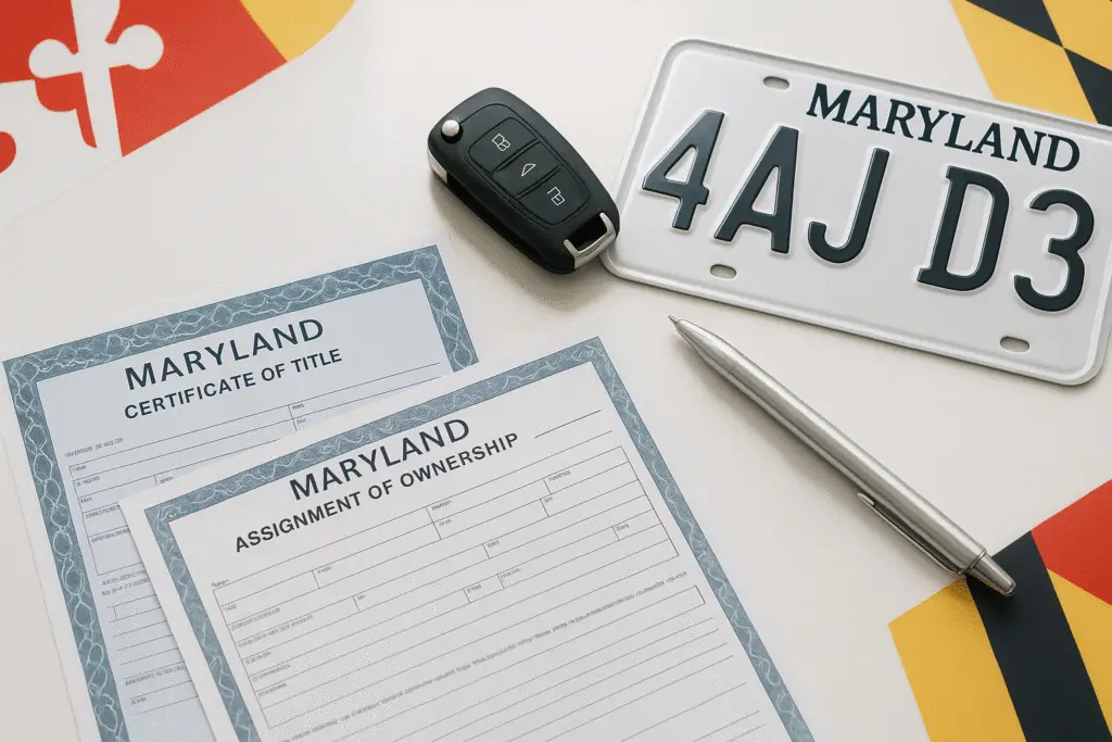 Maryland Express Services desk with Maryland vehicle title paperwork, car key, and license plate – blog header image for title-only transfer in Maryland.