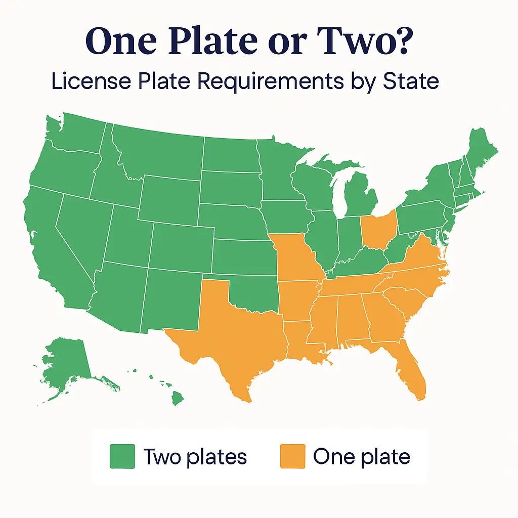 U.S. map showing 2025 license plate requirements by state, with green states requiring two plates and orange states requiring one plate, created by Maryland Express Services (MES).