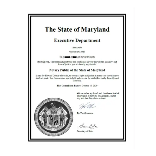 Maryland Commission Certificate