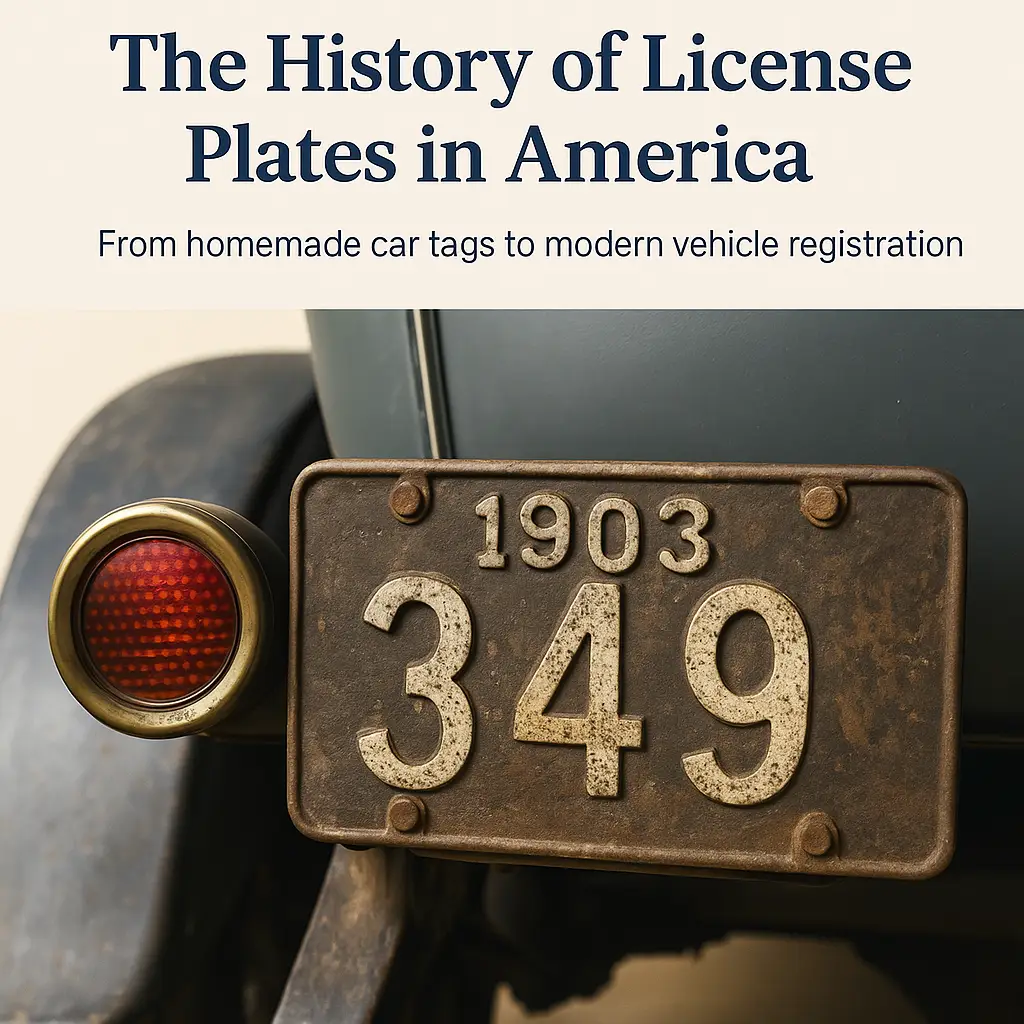 Historical evolution of license plates in America showing vintage and modern Maryland tags — blog header for Maryland Express Services