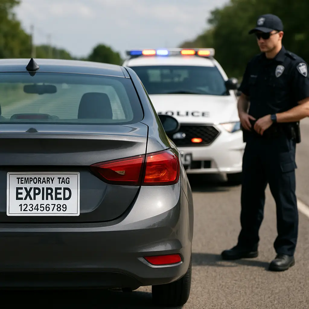 Car with expired Maryland temporary tag pulled over by police vehicle on a suburban road, educational image for Maryland Express Services blog.