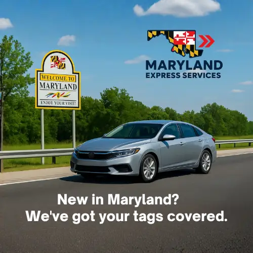 Maryland title paperwork and car key with temporary plate processed by Maryland Express Services.