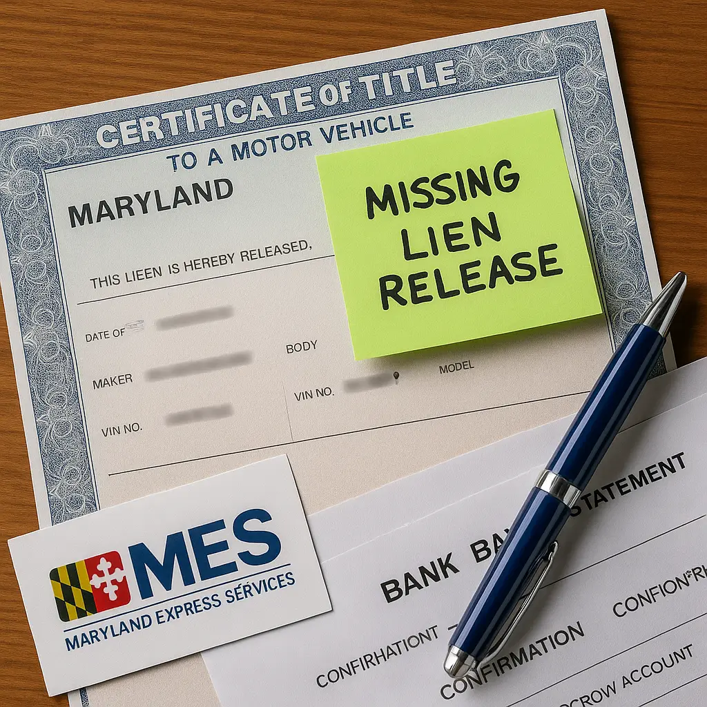 Maryland vehicle title and car key on desk showing missing lien release letter processed by Maryland Express Services