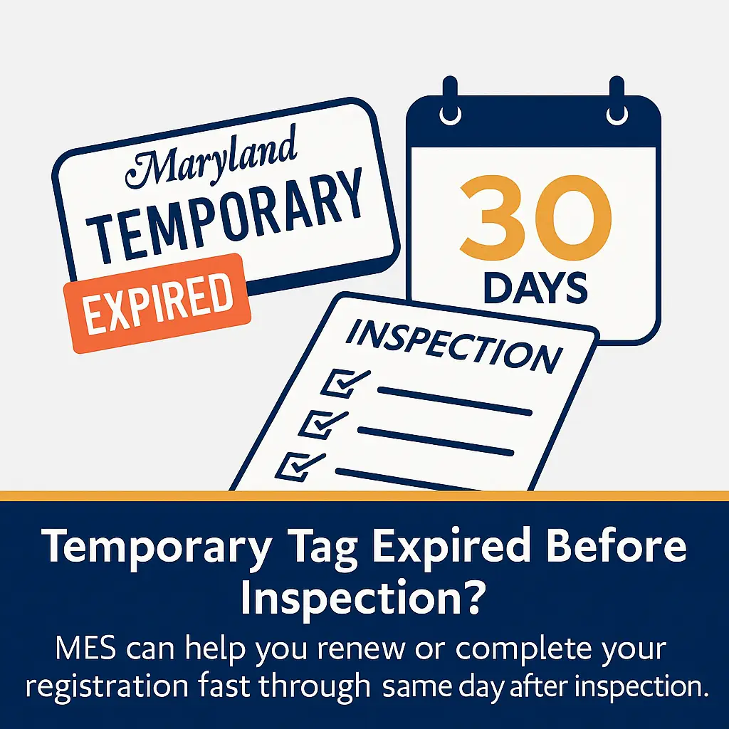 Expired temporary Maryland tag and inspection checklist beside a car registration form at Maryland Express Services
