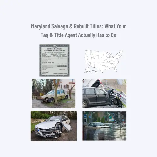 Official Maryland Salvage Certificate document on a light wooden desk, showing vehicle details and state seal, representing salvage and rebuilt title processing.