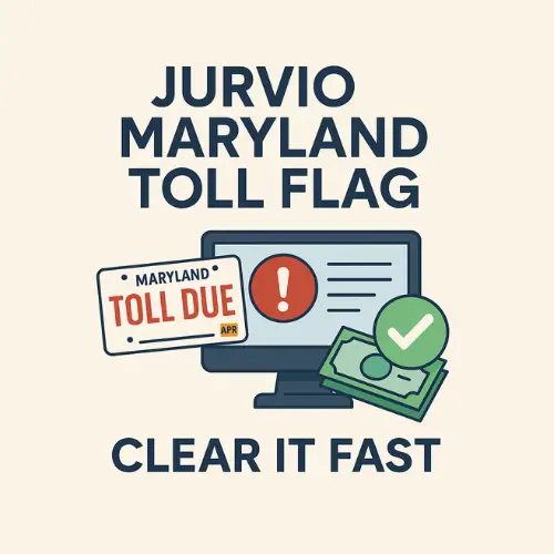 JURVIO Maryland Toll Flag — Maryland license plate, toll notice, and laptop showing DriveEzMD website on a clean white desk.