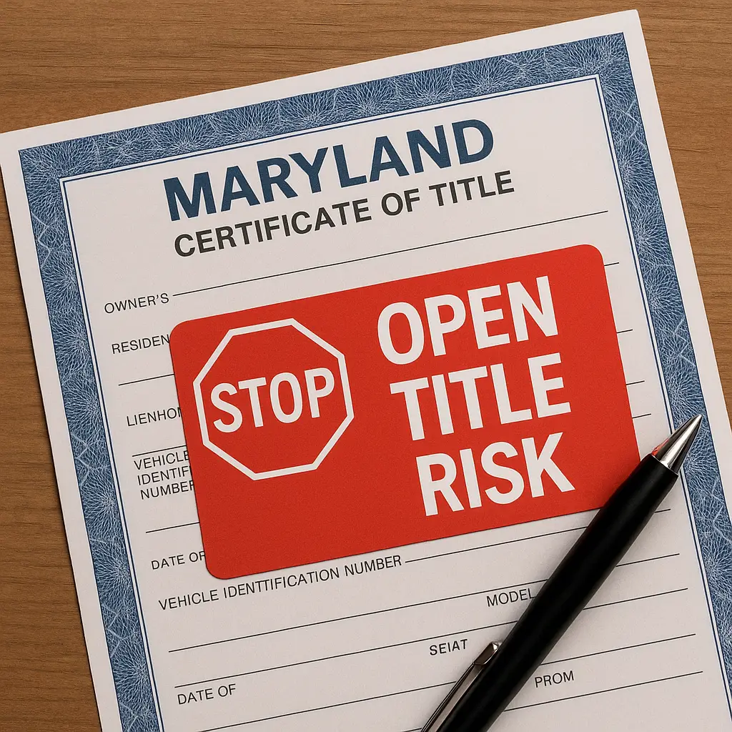 Maryland Certificate of Title with a red “STOP Open Title Risk” warning card placed on top.