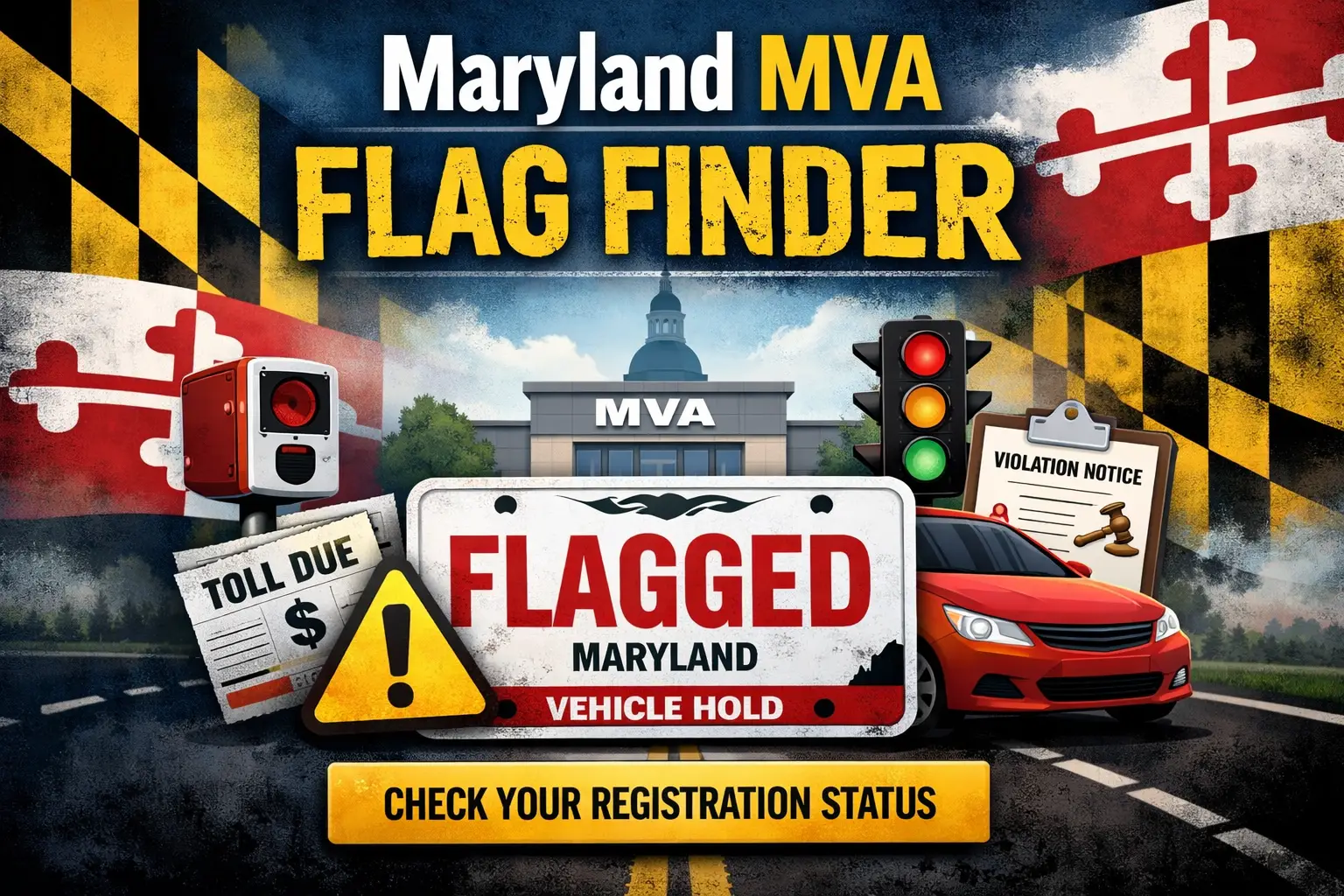 Maryland MVA flag finder showing vehicle hold, camera violations, and registration issues.