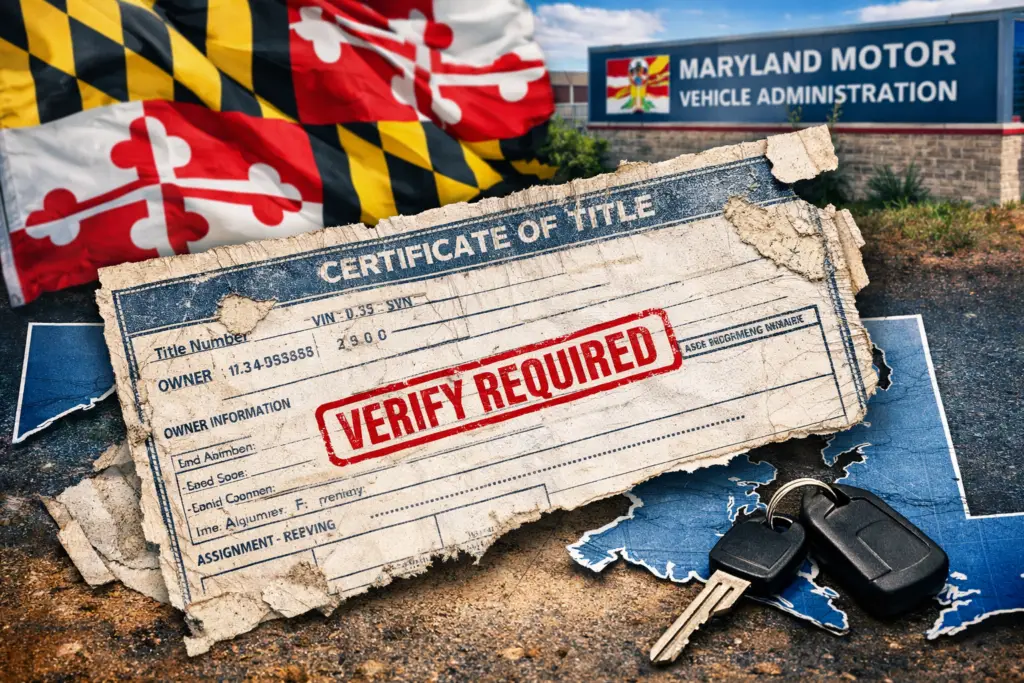 Worn vehicle title document illustrating Maryland MVA title condition requirements