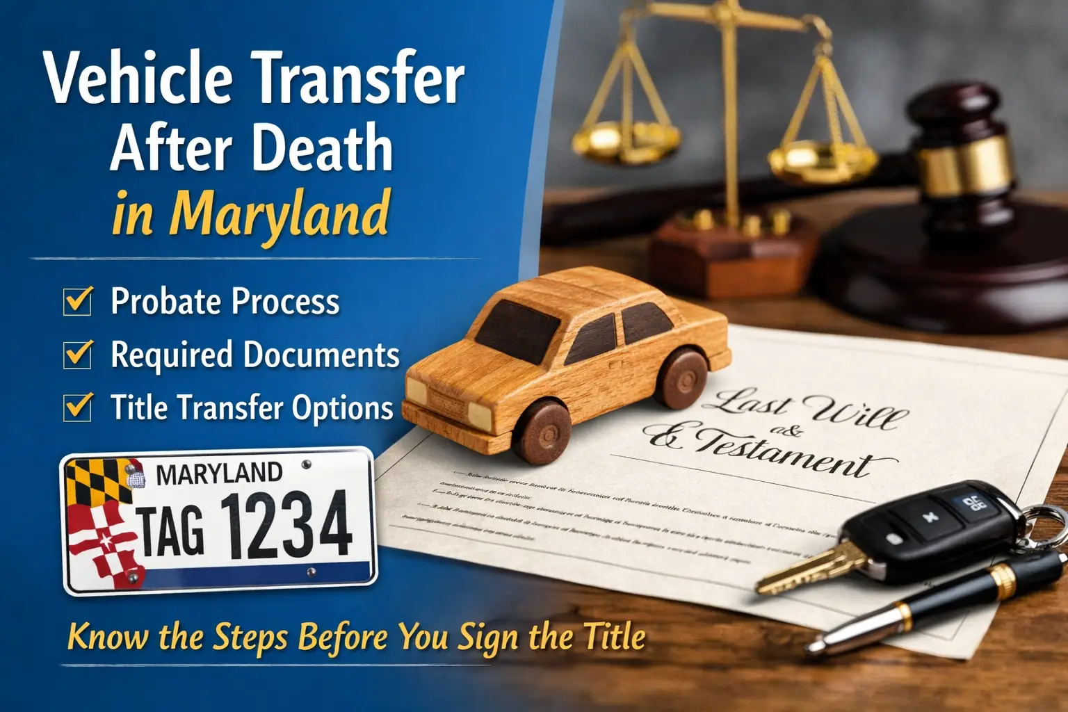 Maryland vehicle transfer after death guide showing car title, probate documents, and MVA process