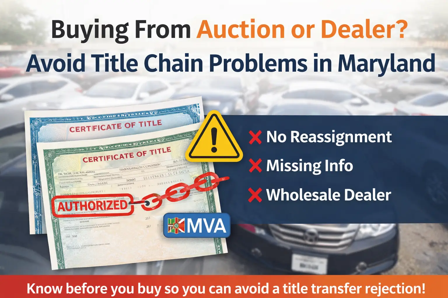 Maryland vehicle title chain issues when buying from auction or dealer without proper reassignment
