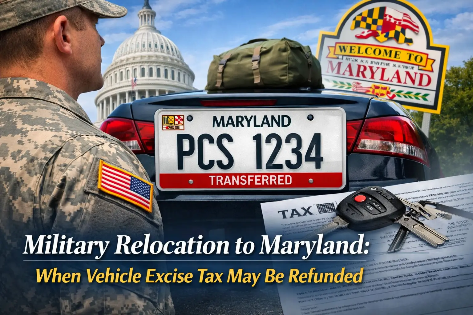 Active-duty military member relocating to Maryland with vehicle during PCS, Maryland license plate and excise tax paperwork shown.