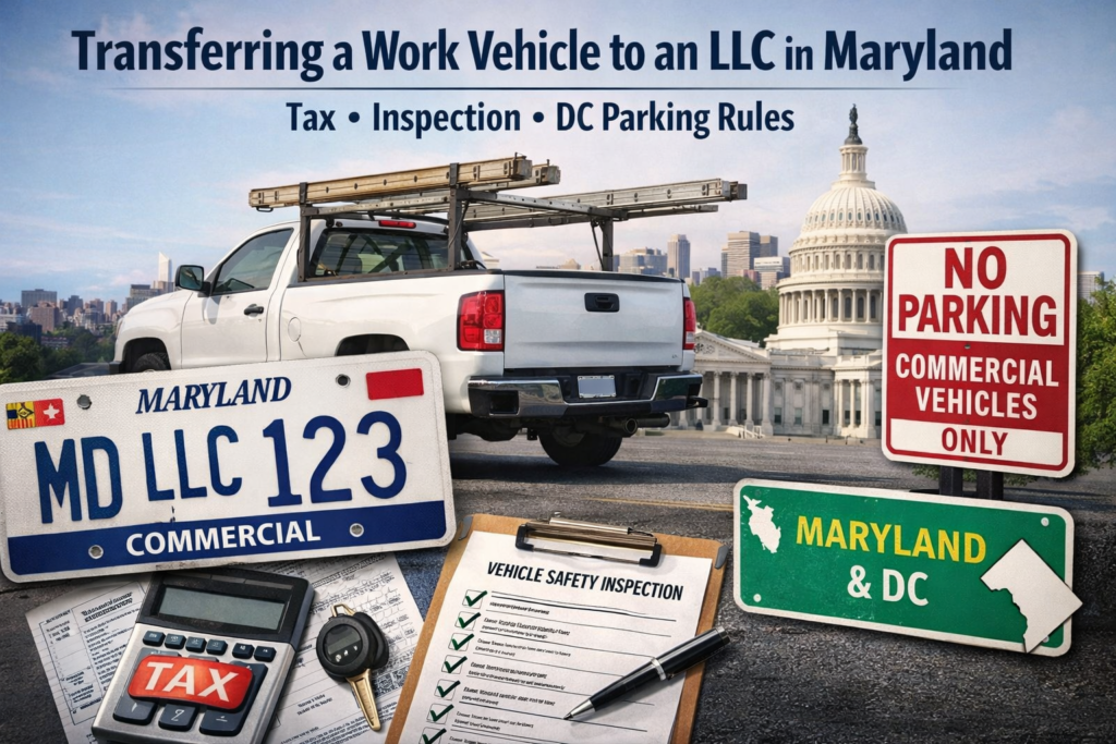 Transferring a work vehicle to an LLC in Maryland with commercial plates and DC parking rules