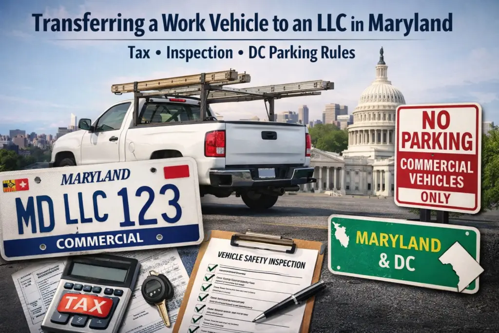 Transferring a work vehicle to an LLC in Maryland with commercial plates and DC parking rules
