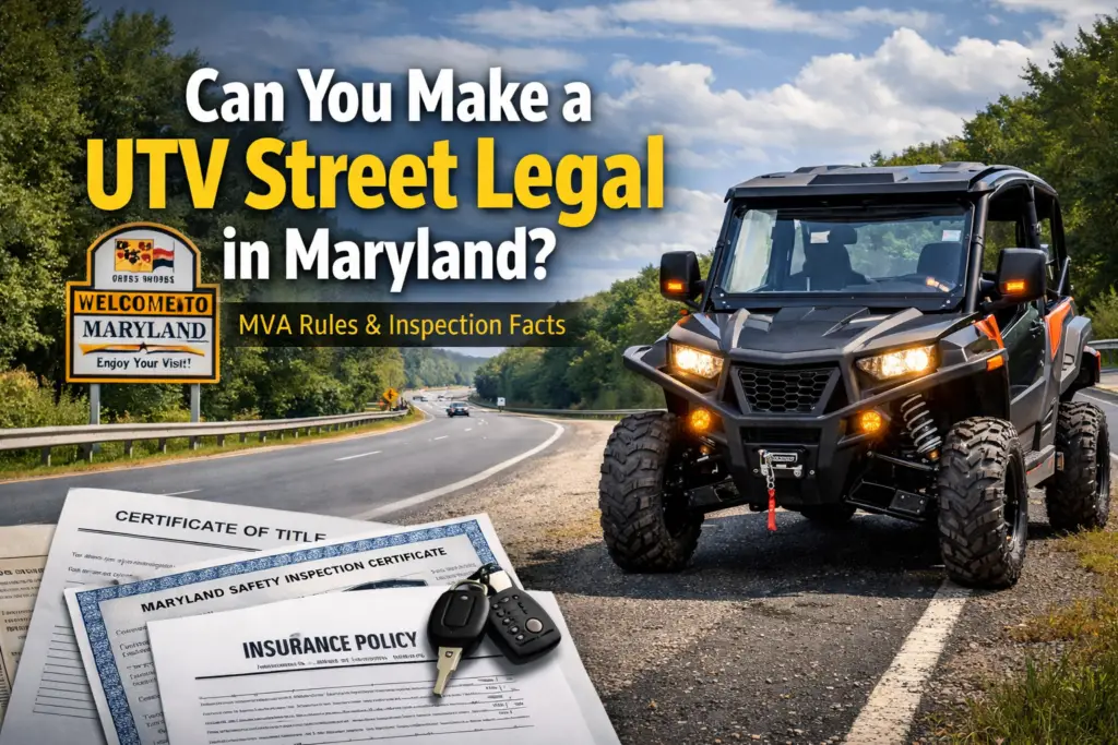 UTV parked near a Maryland roadway with documents showing title, inspection, and insurance requirements for street legal registration.