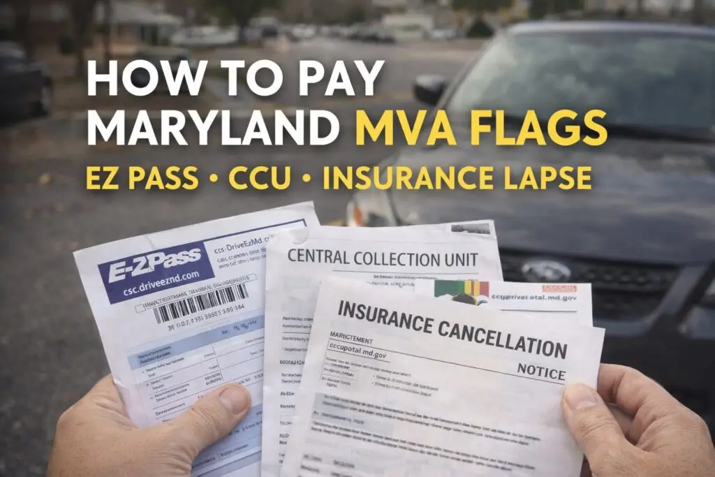 how-to-pay-maryland-mva-flags-ezpass-ccu-insurance - marylandexpressservices.com Infographic explaining how to pay Maryland MVA flags for EZ Pass tolls, CCU collections, and insurance lapse issues.