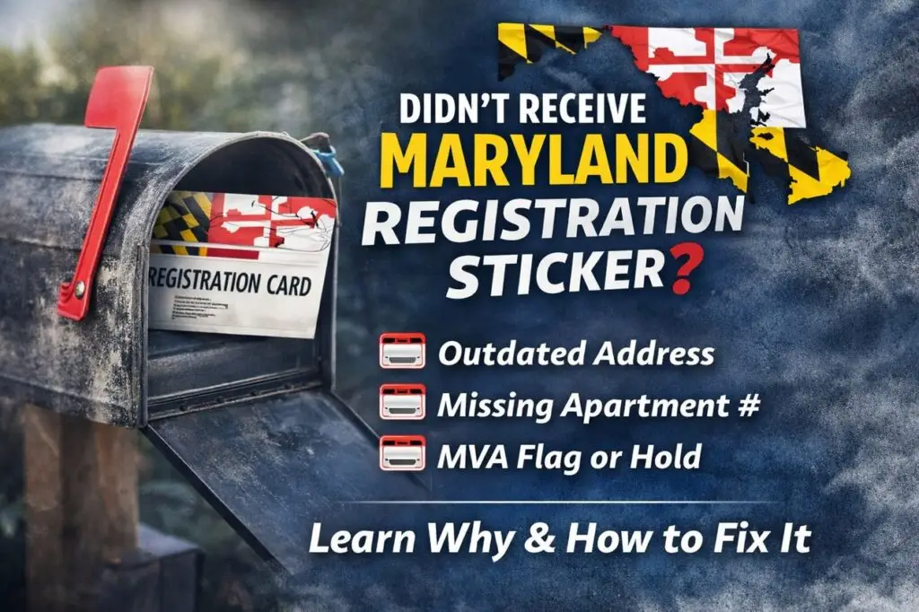 Maryland registration sticker not received after online renewal due to outdated address or MVA flag.