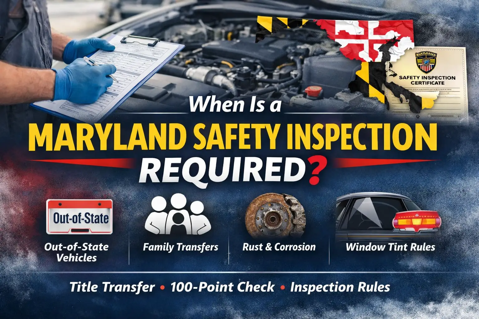 maryland-safety-inspection-required-title-transfer - marylandexpressservices.com Maryland Safety Inspection requirements for title transfer including out-of-state vehicles, rust standards, and window tint rules.