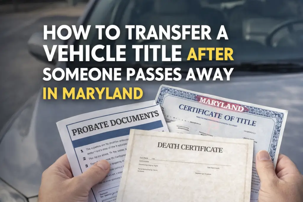Guide showing documents needed to transfer a vehicle title after death in Maryland