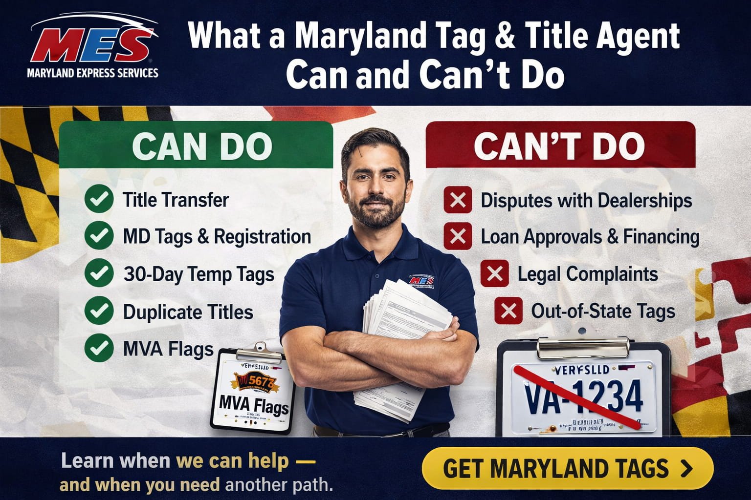 Maryland tag and title agent explaining what services we can and cannot do including title transfer registration and dealership limits.