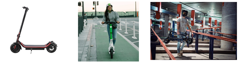 Black electric scooter with red accents and a wide deck, shown in profile on a white background? (informative caption)