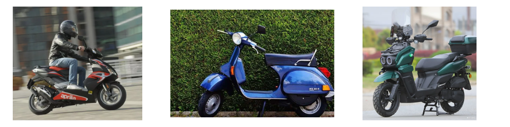 Person riding a red and black sport scooter on a city street, wearing a helmet and protective gear.