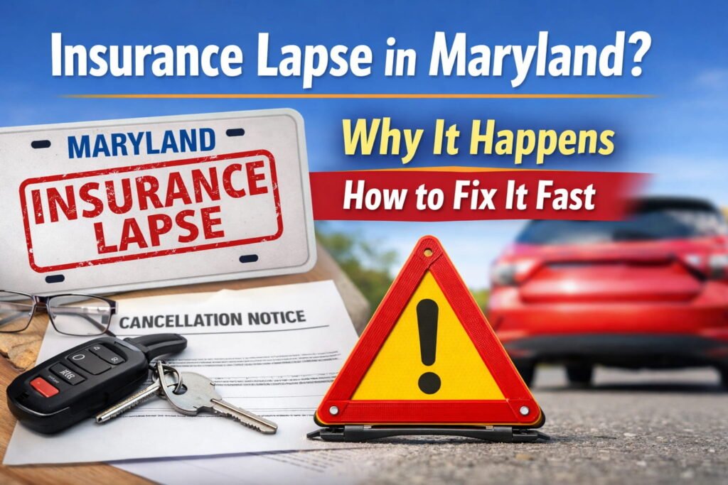 Banner about Maryland insurance lapse: why it happens and how to fix it quickly, with car, warning triangle and documents in foreground