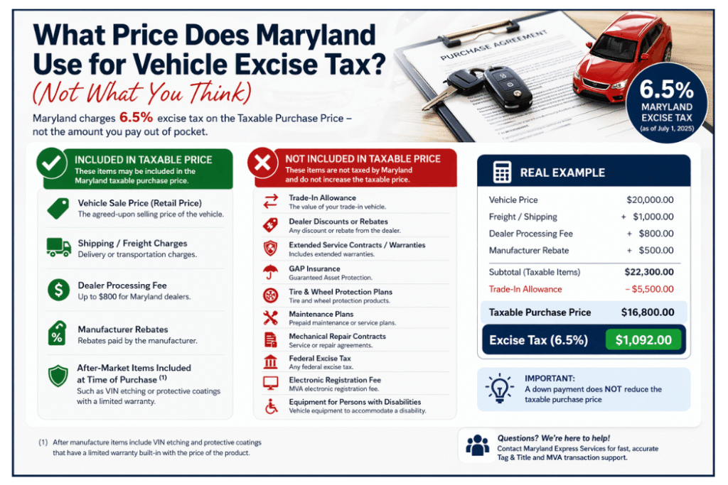 Maryland vehicle excise tax breakdown showing taxable purchase price including dealer fees freight and trade-in adjustment.