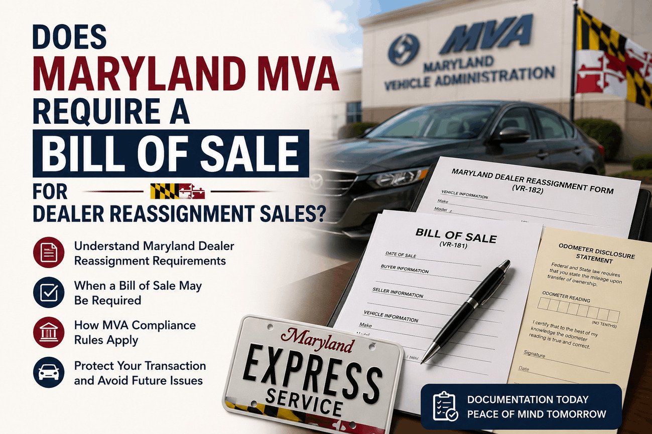 maryland-mva-dealer-reassignment-bill-of-sale-rules - marylandexpressservices.com Maryland MVA bill of sale requirements for dealer reassignment vehicle sales with VR-182 dealer reassignment form and Maryland bill of sale documents.