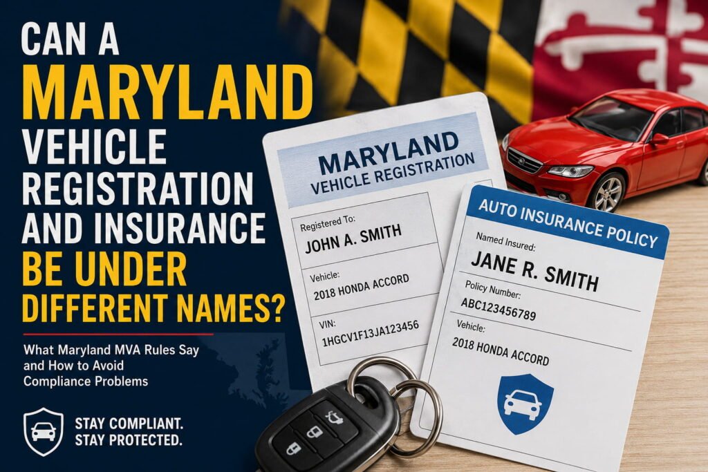 Question: Can Maryland vehicle registration and auto insurance be under different names, shown with registration cards and a red car in the foreground.
