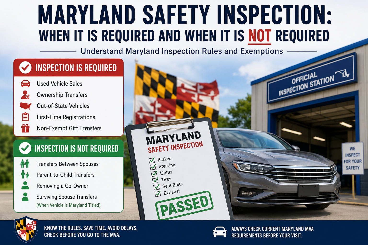 Maryland safety inspection rules showing when vehicle inspection is required and when inspection exemptions apply for spouse, family, and co-owner title transfers.