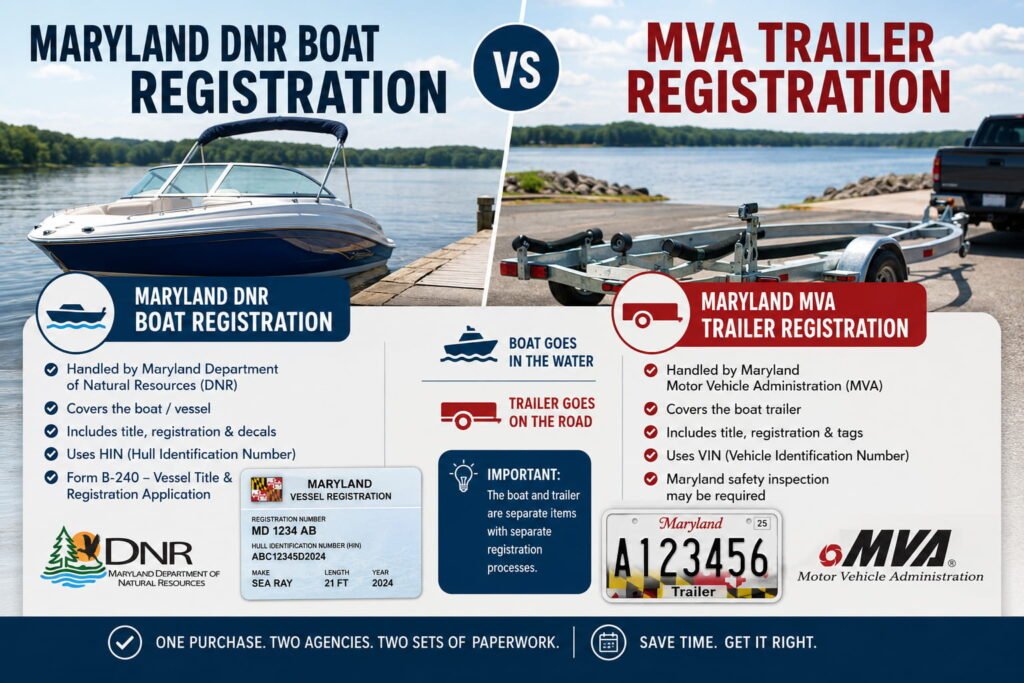 maryland-dnr-boat-registration-vs-mva-trailer-registration_jpg 1 - marylandexpressservices.com Maryland DNR boat registration vs MVA trailer registration infographic showing a boat, trailer, vessel registration, and trailer tag
