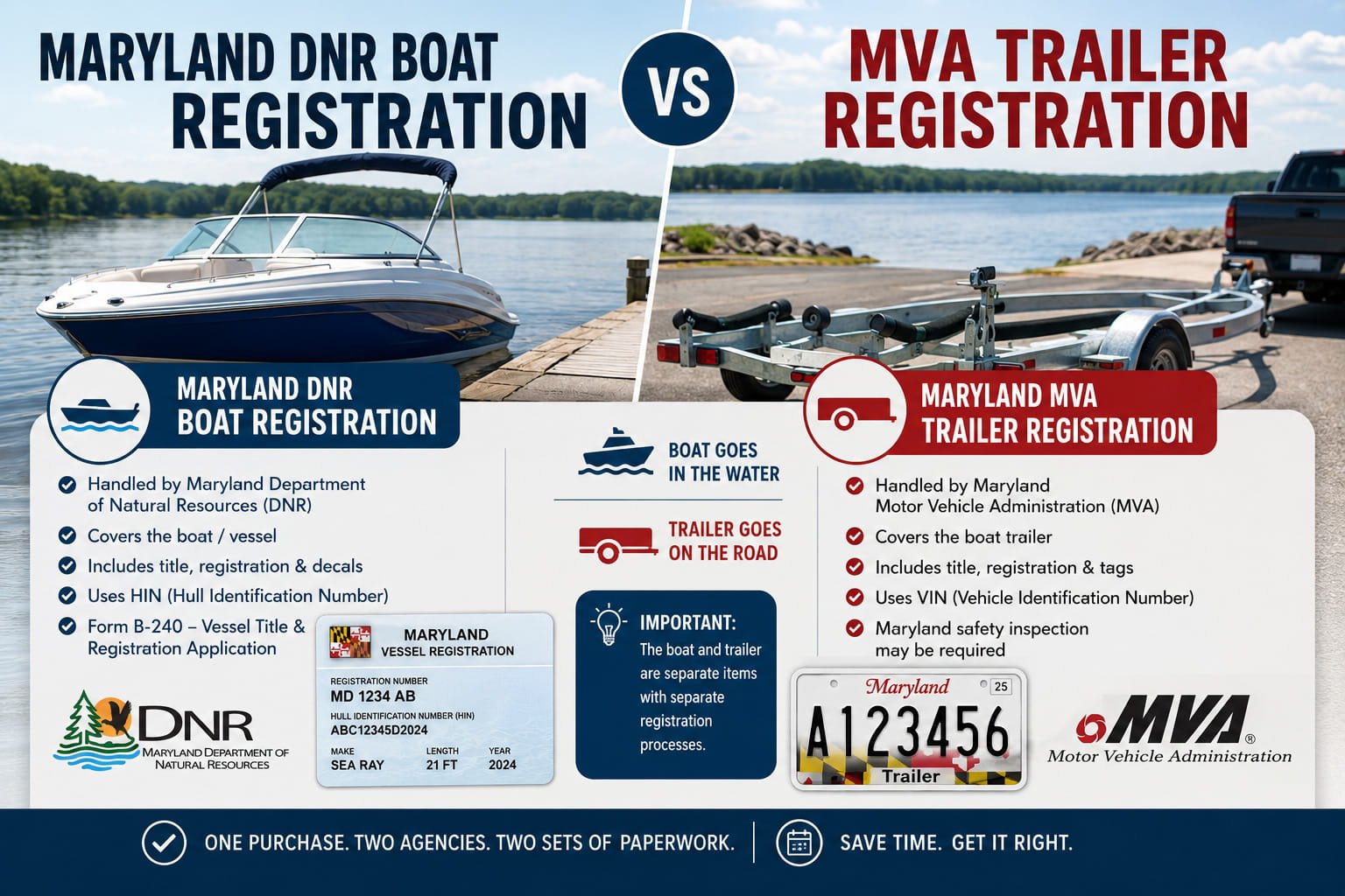 maryland-dnr-boat-registration-vs-mva-trailer-registration_jpg 1 - marylandexpressservices.com Maryland DNR boat registration vs MVA trailer registration infographic showing a boat, trailer, vessel registration, and trailer tag