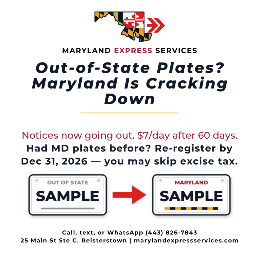1-out-of-state-fb - marylandexpressservices.com Out-of-state plates? Maryland is cracking down. Maryland Express Services, Reisterstown