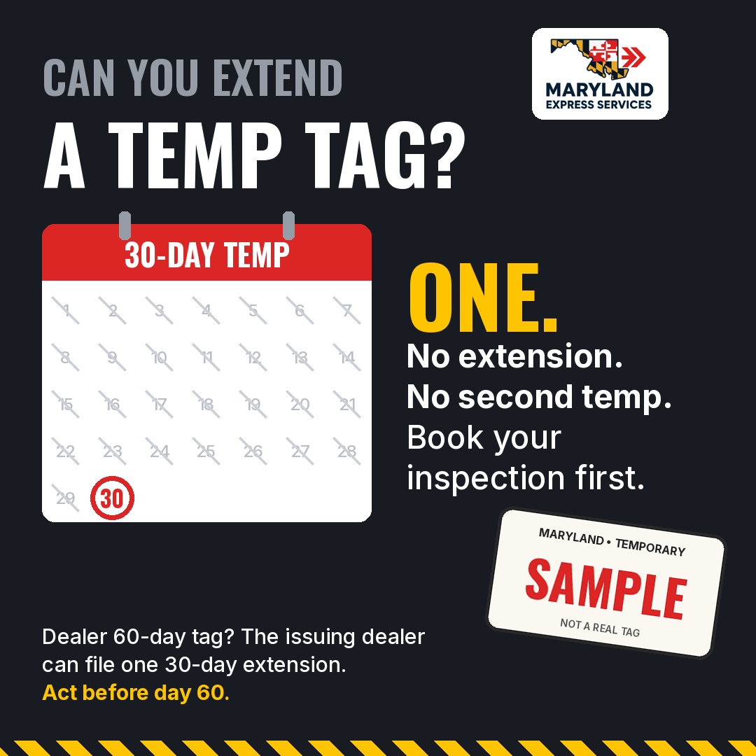 2026-10-12-temp-tag-fb-1080x1080 - marylandexpressservices.com Graphic: Maryland 30-day temp tag can't be extended; a dealer 60-day tag can get one 30-day extension from the dealer