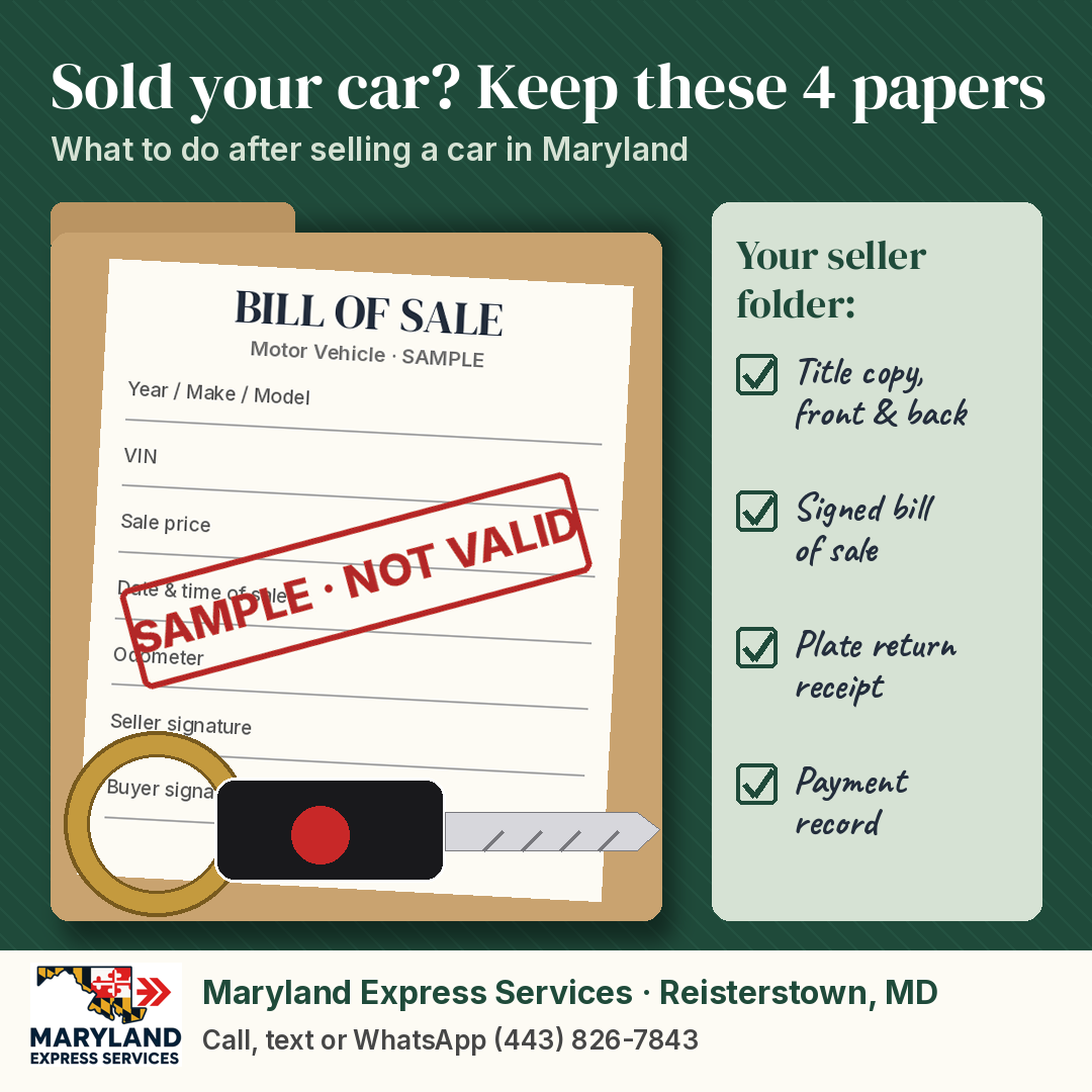 2026-10-14-seller-papers-fb-1080x1080 - marylandexpressservices.com Graphic: Sold your car? Keep these 4 papers: title copy, signed bill of sale, plate return receipt, payment record