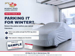 Car under a grey cover in a bright garage with snow outside, with a winter storage tip: return the plates before canceling insurance in Maryland