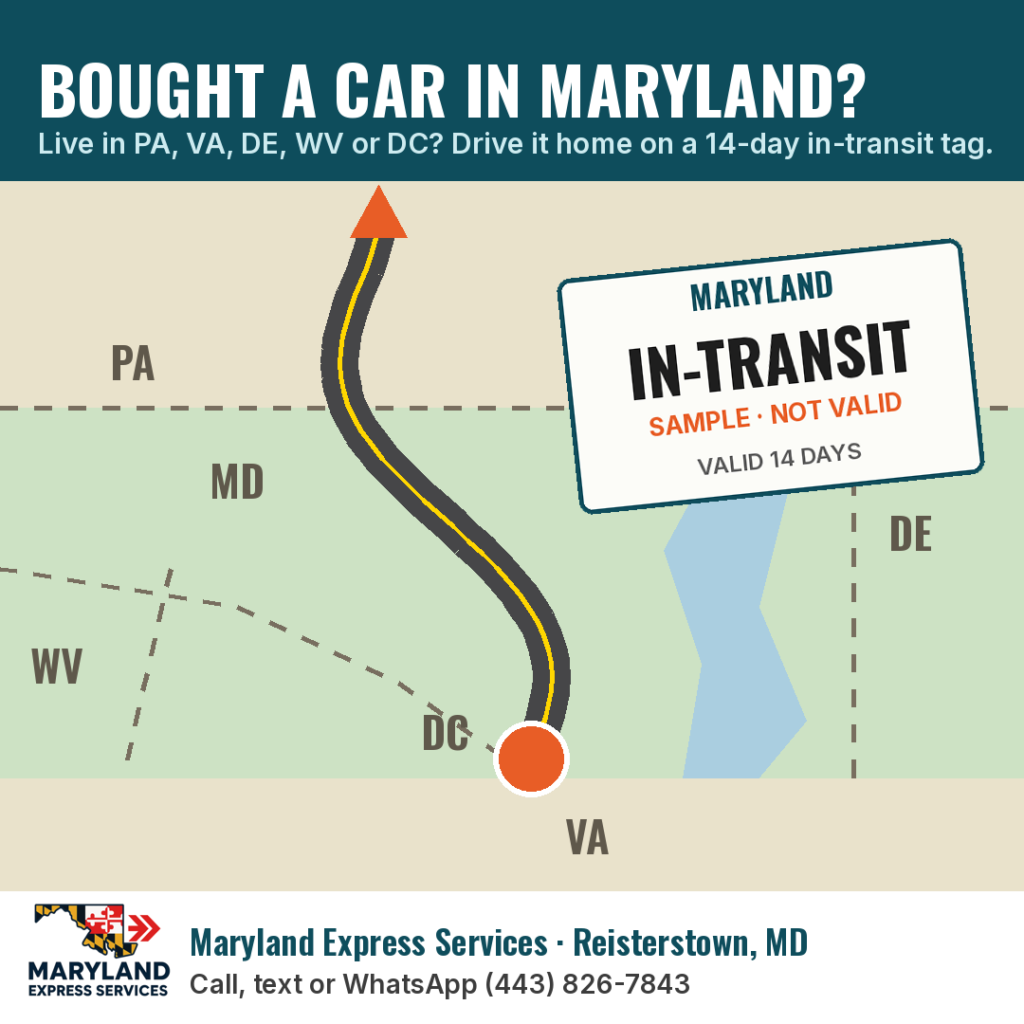 2026-10-in-transit-tag-fb-1080x1080 - marylandexpressservices.com Graphic: Bought a car in Maryland? Live in PA, VA, DE, WV or DC? Drive it home on a 14-day in-transit tag