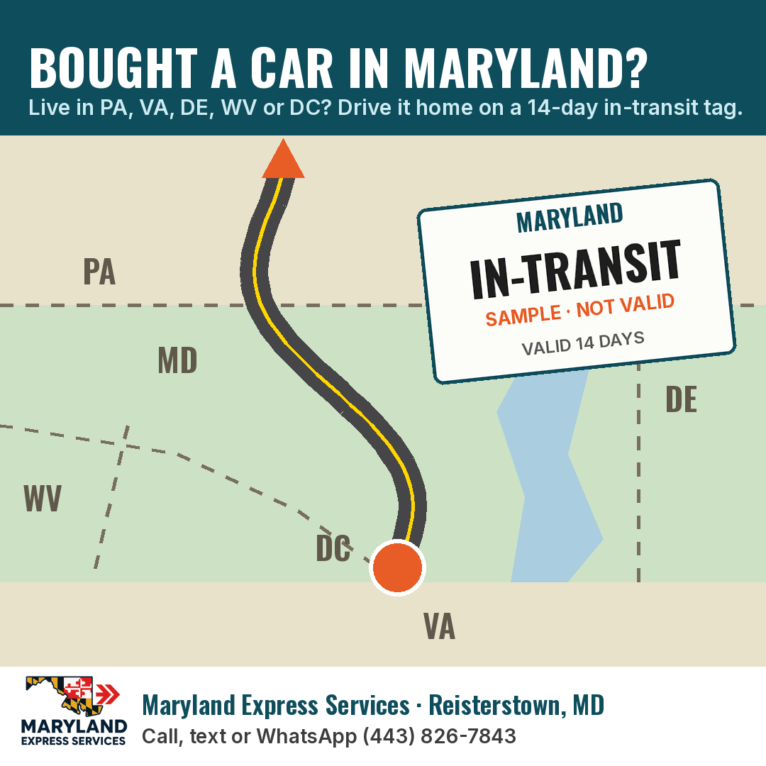 2026-10-in-transit-tag-fb-1080x1080 - marylandexpressservices.com Graphic: Bought a car in Maryland? Live in PA, VA, DE, WV or DC? Drive it home on a 14-day in-transit tag