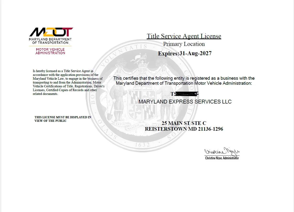 Maryland MVA Title Service Agent License for Maryland Express Services LLC, 25 Main St Ste C, Reisterstown, MD