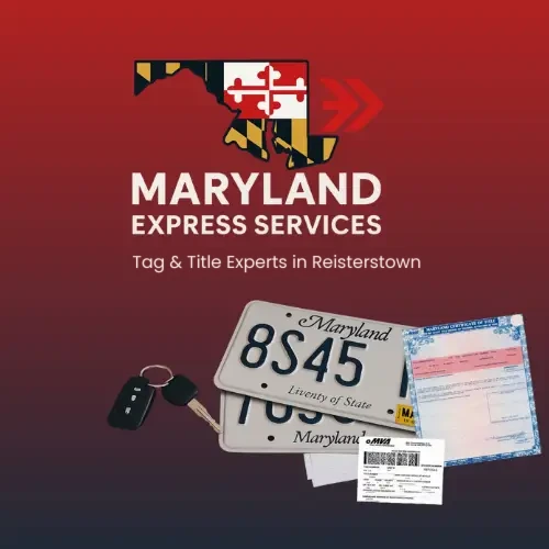 Maryland Express Services logo with Maryland license plates and title paperwork – MVA-authorized tag and title experts in Reisterstown, MD