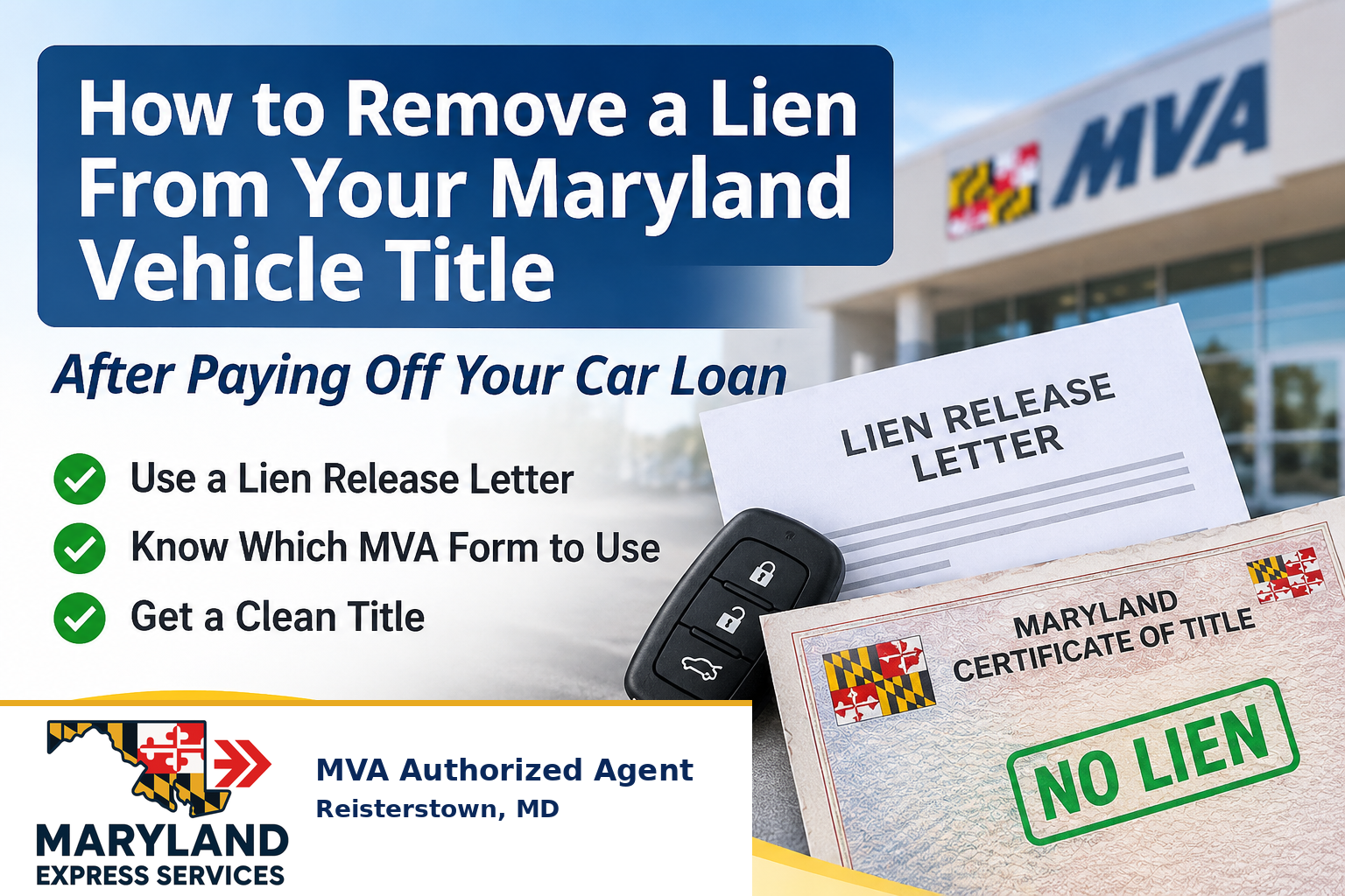 featured-image-logo - marylandexpressservices.com Poster showing steps to remove a Maryland vehicle title lien, with a checklist and documents (lien release letter, title) and a car key in the foreground.