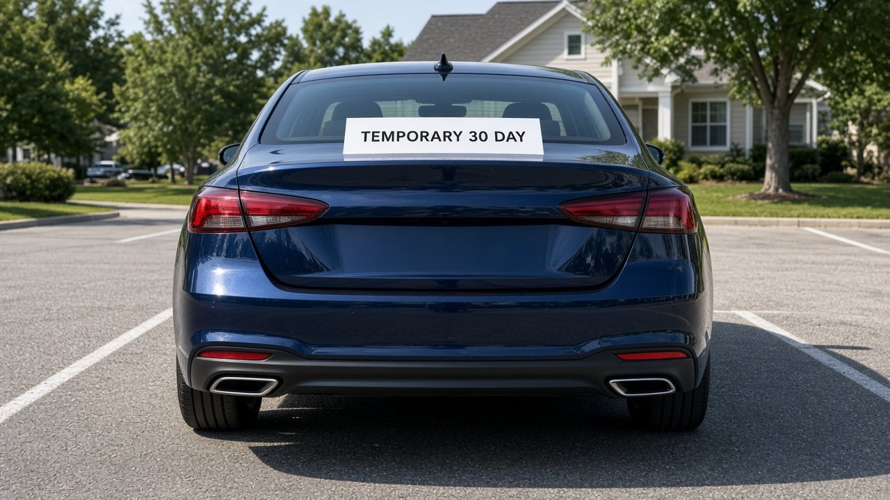 Maryland 30-day temporary tag in a car rear window