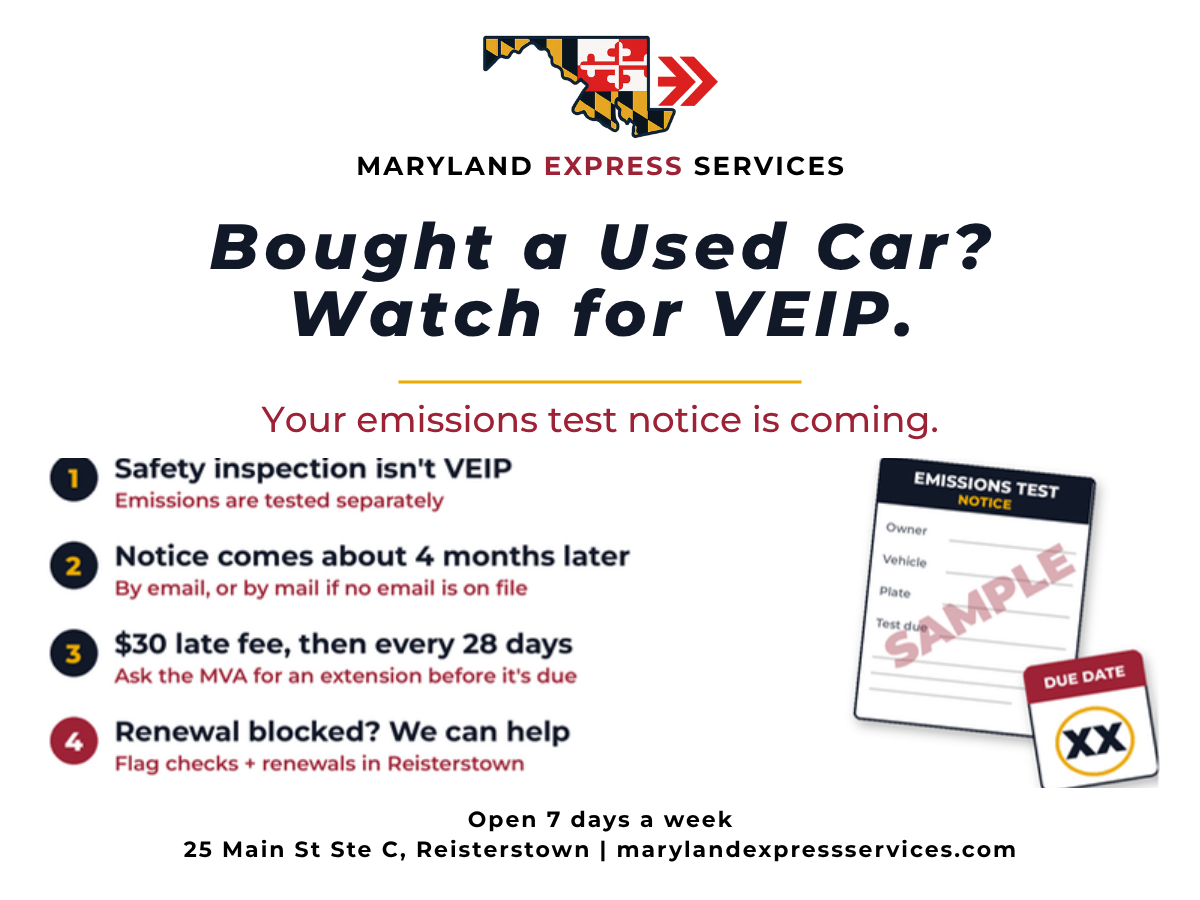 veip-gbp-1200x900 - marylandexpressservices.com Maryland Express Services graphic about the VEIP emissions test notice after buying a used car.