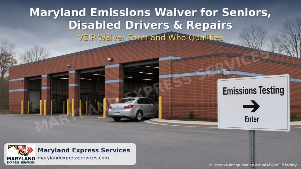 veip-waiver-featured-1280x720 - marylandexpressservices.com Illustrative emissions testing station, Maryland VEIP waiver guide